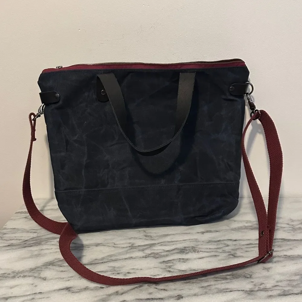Cat Craine Tote crossbody waxed canvas leather handles zip top